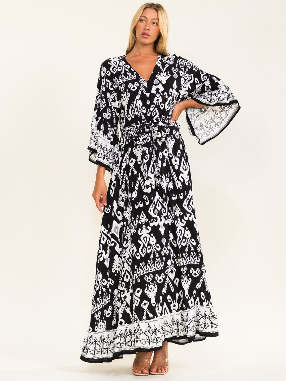 WOMEN'S LONG SLEEVE V-NECK SELF TIE MULTI PRINT MAXI DRESS