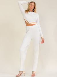 WOMEN'S LONG SLEEVE SWEATER & ELASTIC WAIST STRAIGHT LEG PANTS RIBBED 2PC. SET