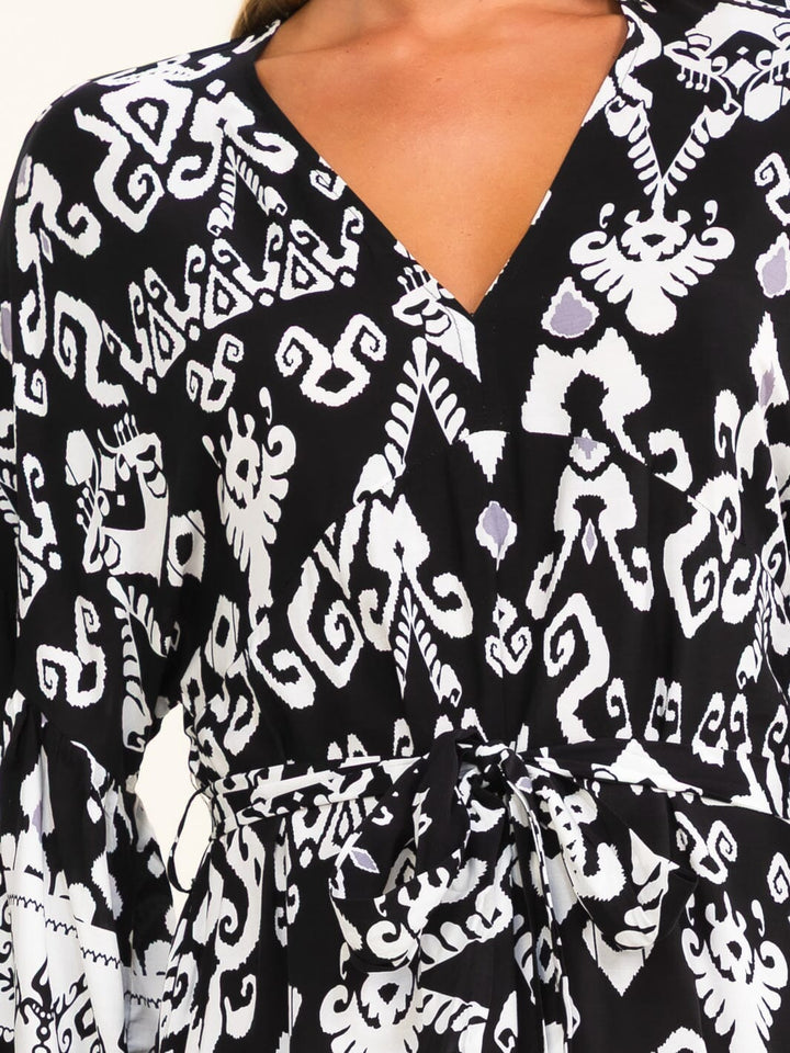 WOMEN'S LONG SLEEVE V-NECK SELF TIE MULTI PRINT MAXI DRESS