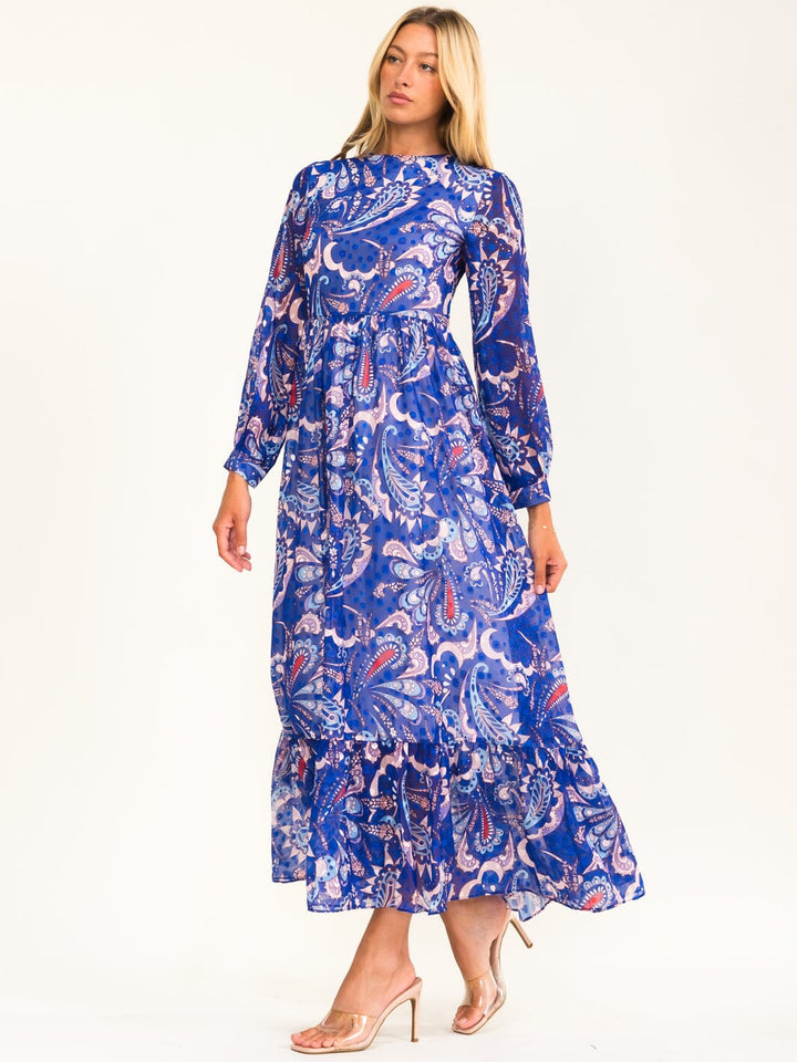 BEULAH WOMEN'S LONG SLEEVE SELF TIE MULTI PRINT MAXI DRESS