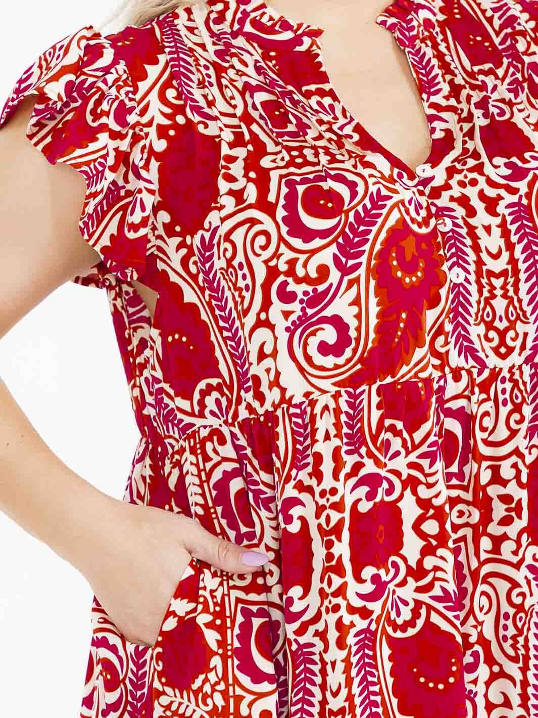 PLUS SIZE SHORT SLEEVE BUTTON UP FRONT POCKETS MULTI PRINT MAXI DRESS