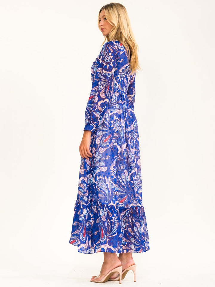 BEULAH WOMEN'S LONG SLEEVE SELF TIE MULTI PRINT MAXI DRESS