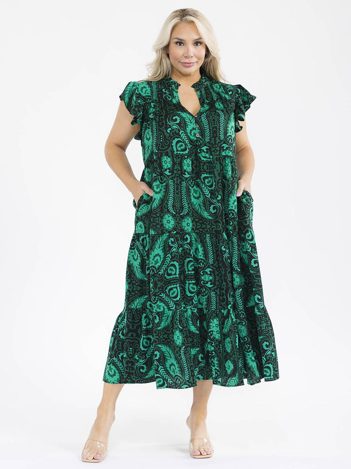 PLUS SIZE SHORT SLEEVE BUTTON UP FRONT POCKETS MULTI PRINT MAXI DRESS