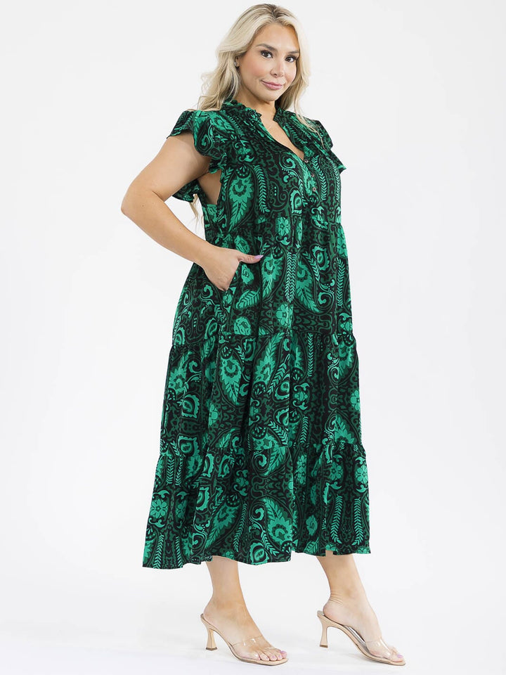 PLUS SIZE SHORT SLEEVE BUTTON UP FRONT POCKETS MULTI PRINT MAXI DRESS