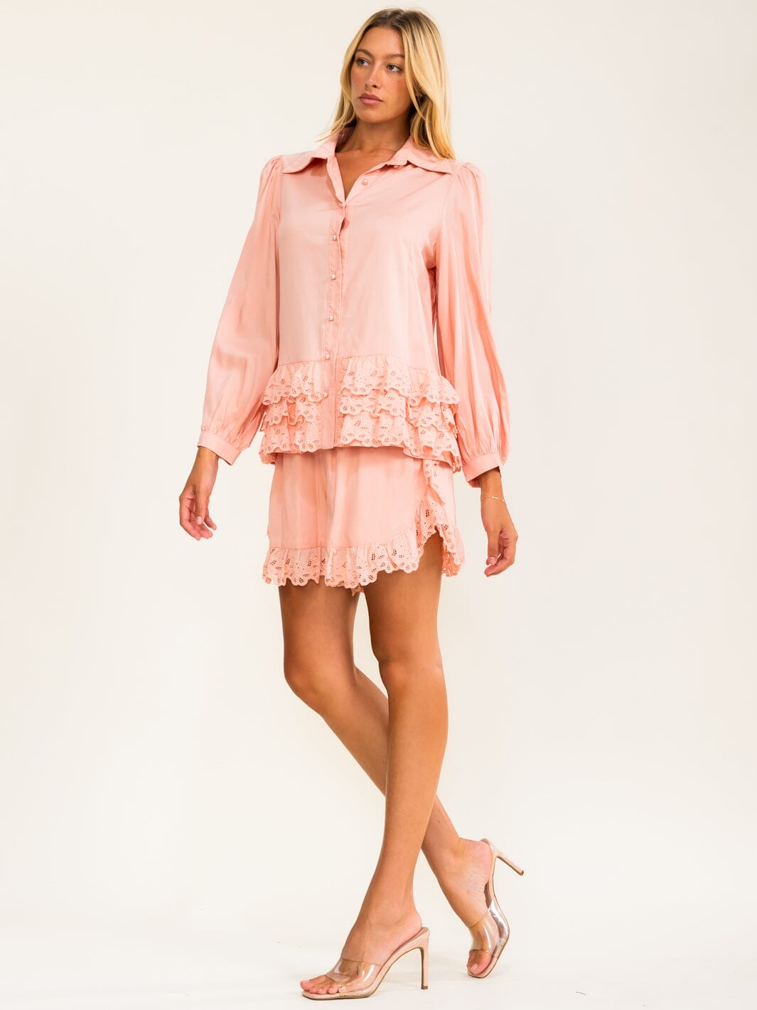 WOMEN'S LONG SLEEVE BUTTON UP BLOUSE & ELASTIC WAIST SHORTS CROCHET 2PC. SET