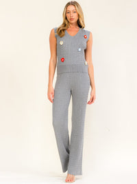 WOMEN'S SLEEVELESS V-NECK BLOUSE & ELASTIC WAIST STRAIGHT LEG PANTS RIBBED 2PC. SET