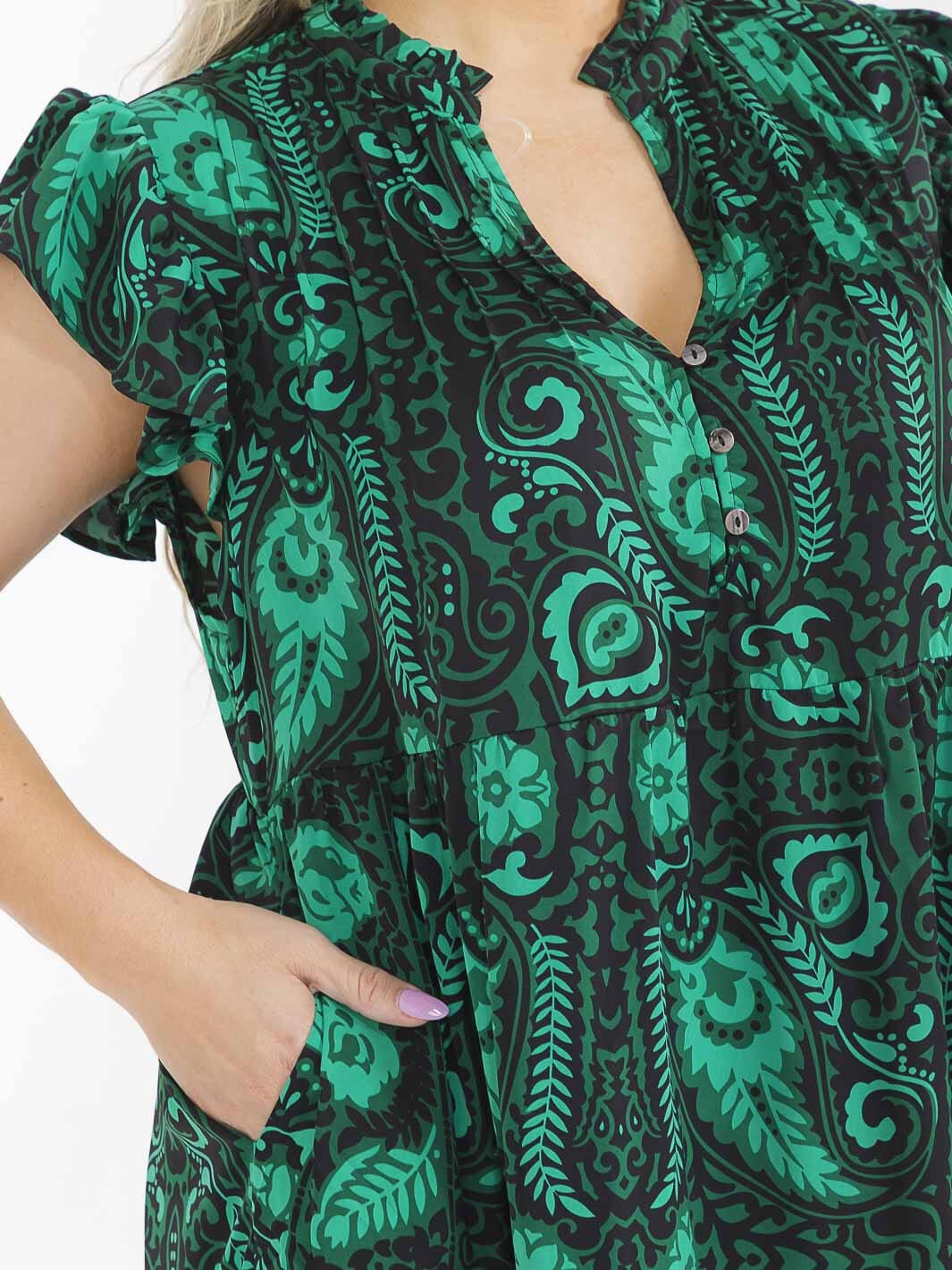 PLUS SIZE SHORT SLEEVE BUTTON UP FRONT POCKETS MULTI PRINT MAXI DRESS