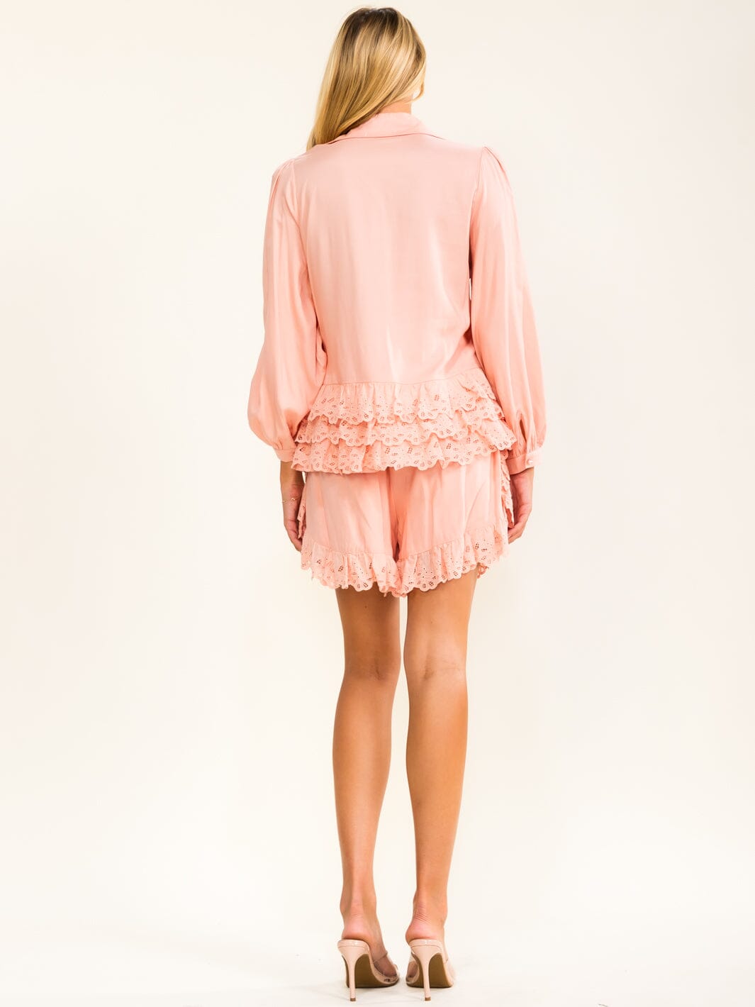 WOMEN'S LONG SLEEVE BUTTON UP BLOUSE & ELASTIC WAIST SHORTS CROCHET 2PC. SET