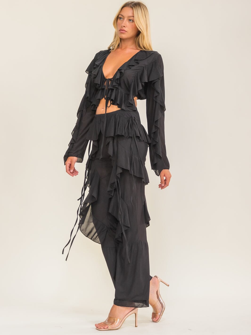WOMEN'S LONG SLEEVE CROP TOP & ELASTIC WAIST STRAIGHT LEG PANTS RUFFLES 2PC. SET