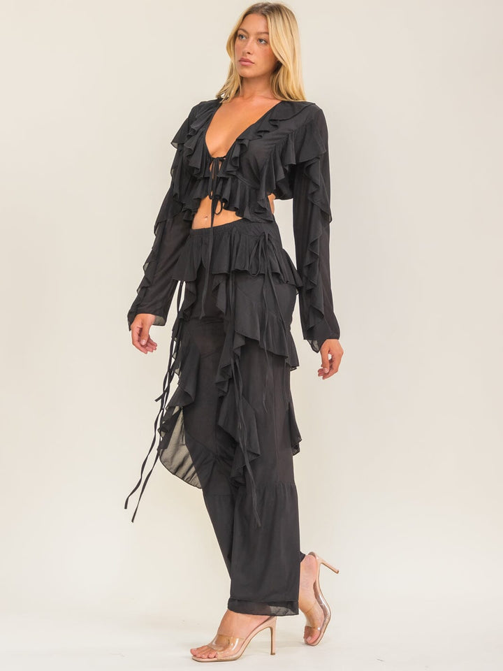 WOMEN'S LONG SLEEVE CROP TOP & ELASTIC WAIST STRAIGHT LEG PANTS RUFFLES 2PC. SET