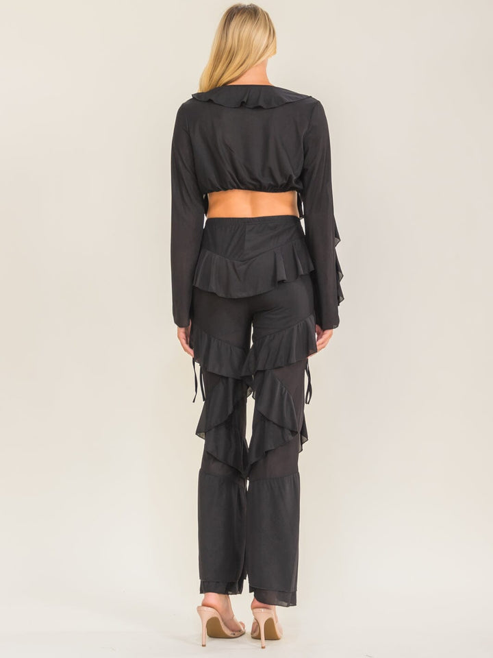 WOMEN'S LONG SLEEVE CROP TOP & ELASTIC WAIST STRAIGHT LEG PANTS RUFFLES 2PC. SET