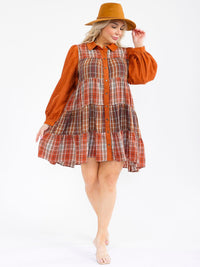 PLUS SIZE LONG SLEEVES BUTTON UP TIERED PLAID TUNIC MINI DRESS