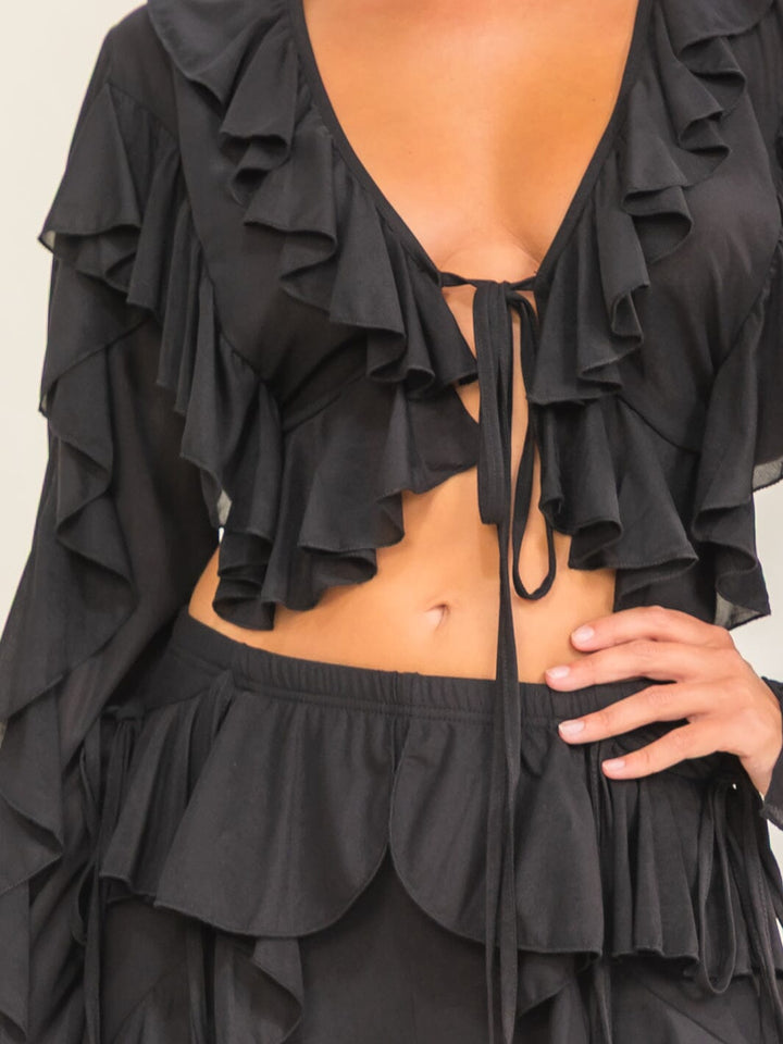 WOMEN'S LONG SLEEVE CROP TOP & ELASTIC WAIST STRAIGHT LEG PANTS RUFFLES 2PC. SET