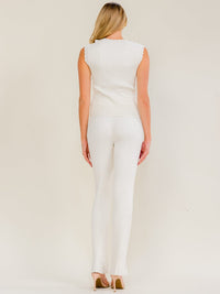 WOMEN'S SLEEVELESS V-NECK BLOUSE & ELASTIC WAIST STRAIGHT LEG PANTS RIBBED 2PC. SET