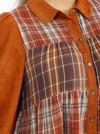 PLUS SIZE LONG SLEEVES BUTTON UP TIERED PLAID TUNIC MINI DRESS