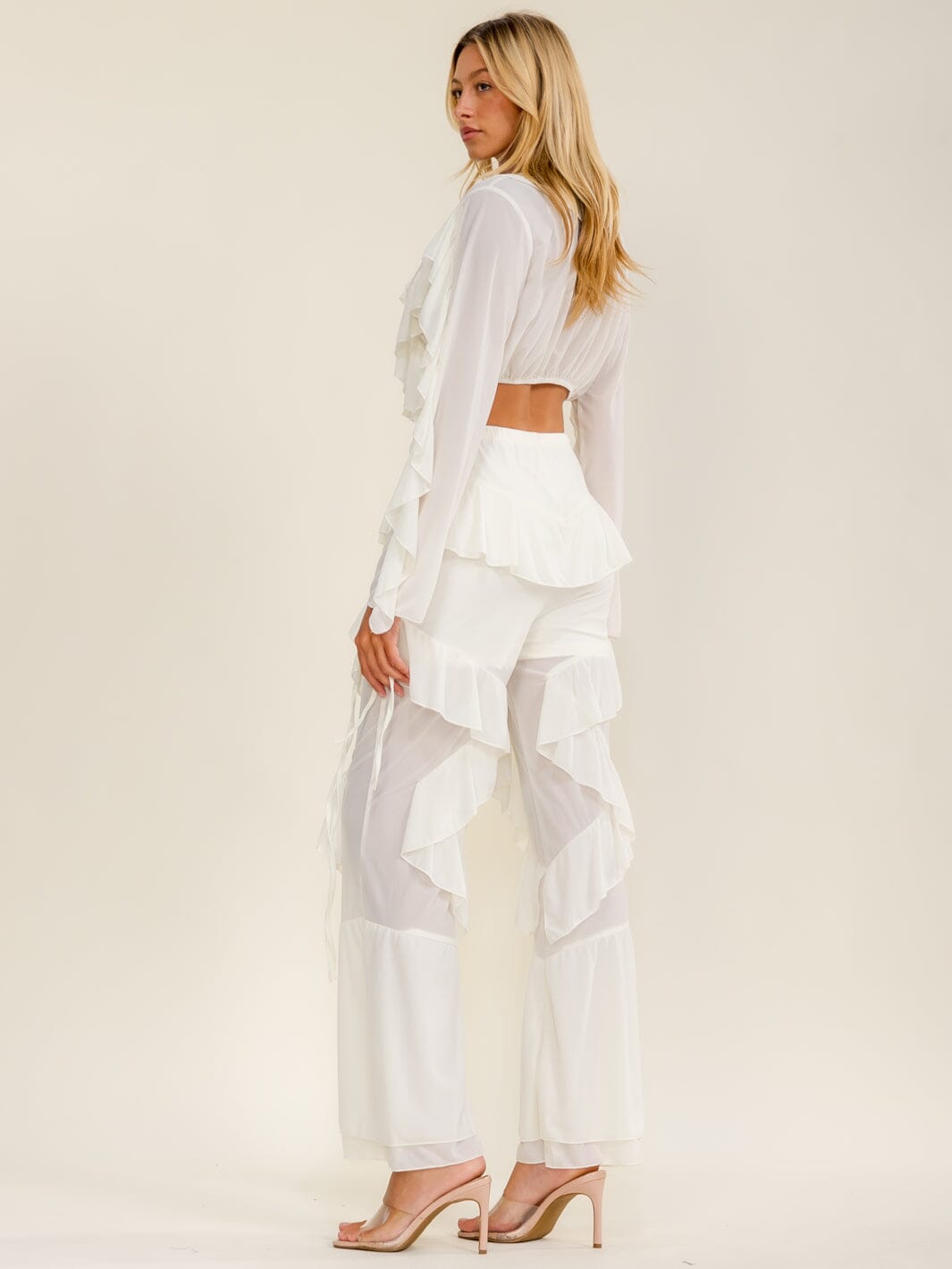 WOMEN'S LONG SLEEVE CROP TOP & ELASTIC WAIST STRAIGHT LEG PANTS RUFFLES 2PC. SET