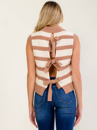 WOMEN'S SLEEVELESS BUTTON UP COLORBLOCK STRIPES OPEN BACK KNIT SWEATER TOP