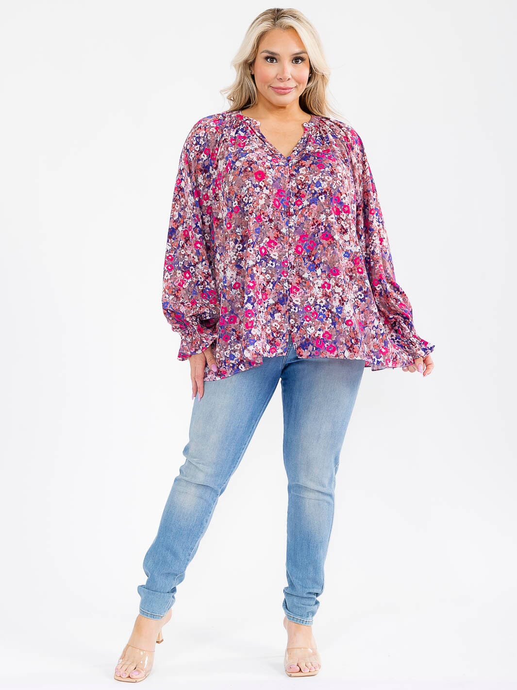 PLUS SIZE LONG SLEEVE V-NECK HIGH-LOW OVERSIZED FLORAL BLOUSE