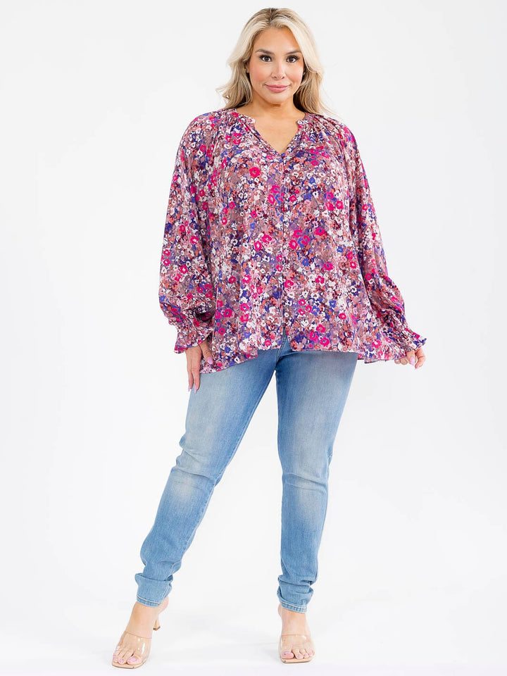 PLUS SIZE LONG SLEEVE V-NECK HIGH-LOW OVERSIZED FLORAL BLOUSE