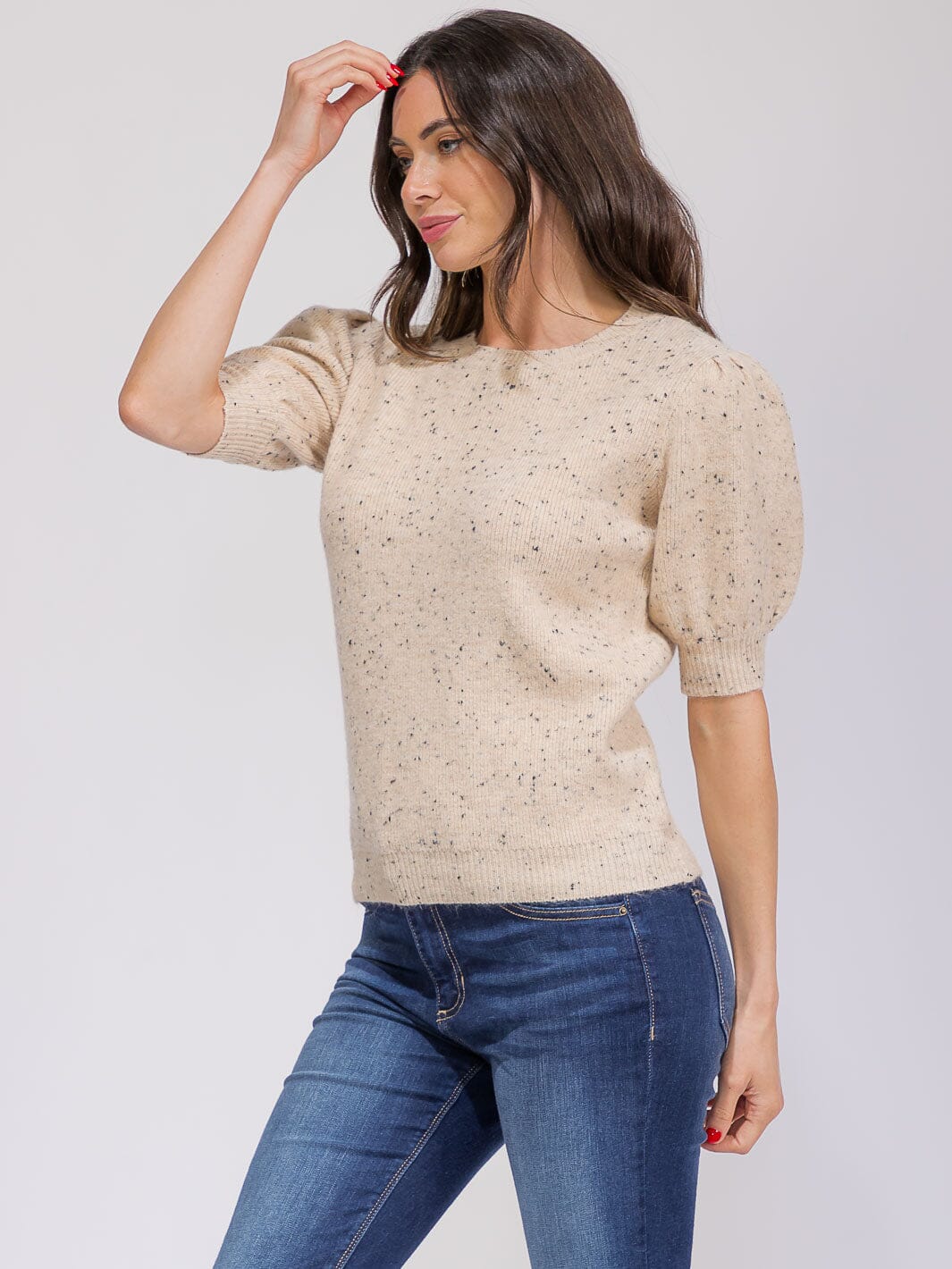 WOMEN'S SHORT PUFF SLEEVE MULTI KNIT BLOUSE