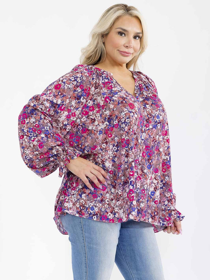 PLUS SIZE LONG SLEEVE V-NECK HIGH-LOW OVERSIZED FLORAL BLOUSE
