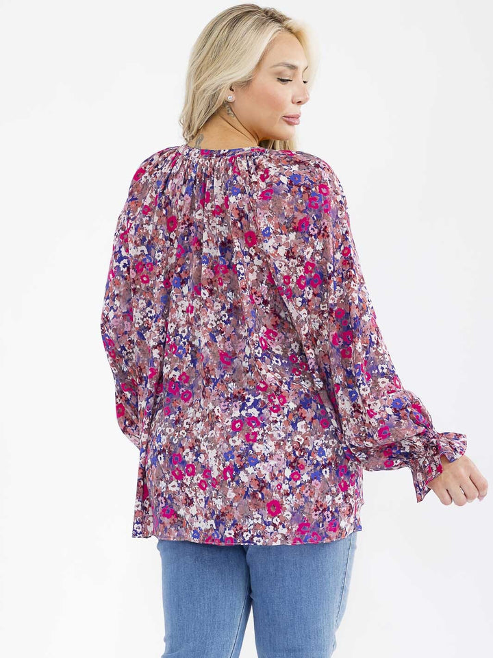 PLUS SIZE LONG SLEEVE V-NECK HIGH-LOW OVERSIZED FLORAL BLOUSE