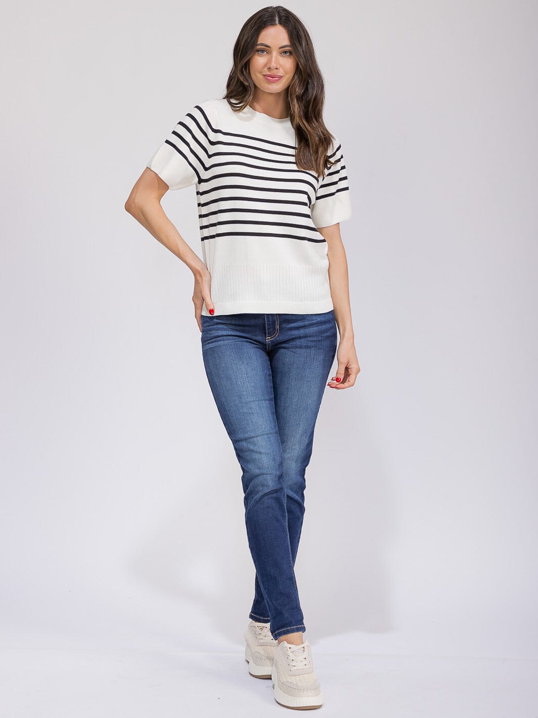 WOMEN'S SHORT SLEEVE COLORBLOCK STRIPES BLOUSE