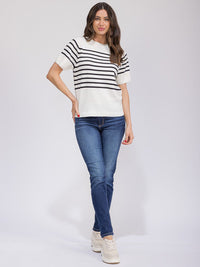 WOMEN'S SHORT SLEEVE COLORBLOCK STRIPES BLOUSE