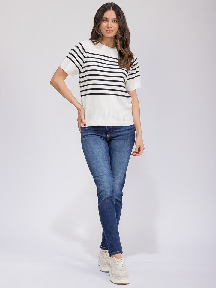 WOMEN'S SHORT SLEEVE COLORBLOCK STRIPES BLOUSE