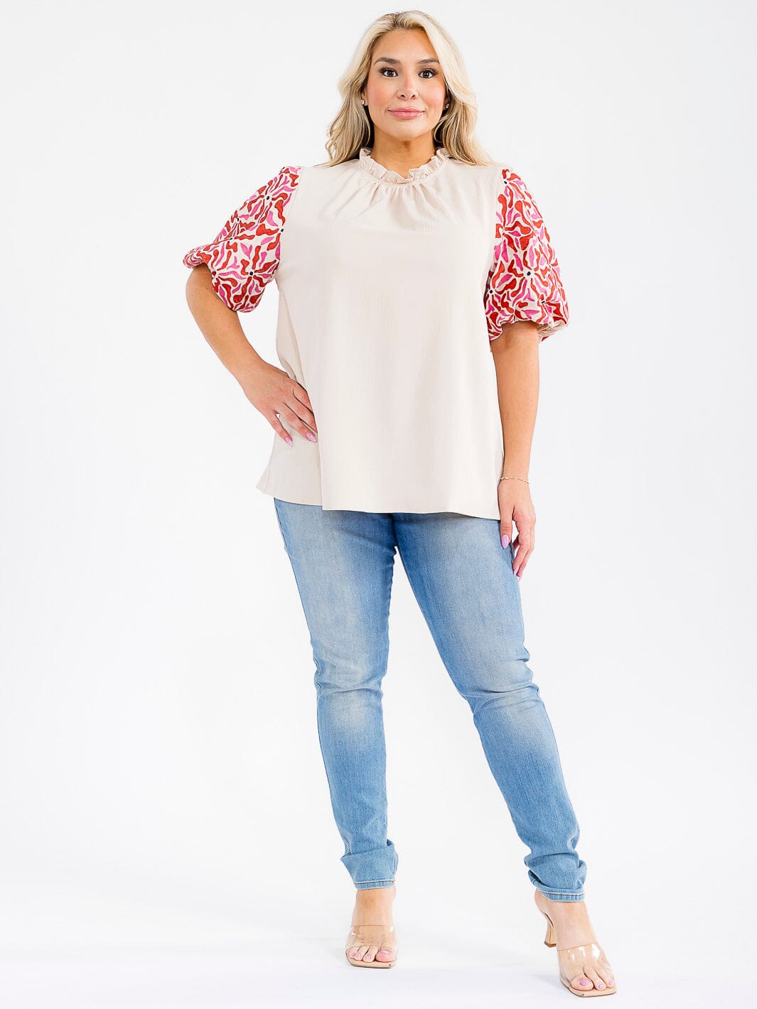 PLUS SIZE SHORT EMBROIDERY SLEEVE MOCK NECK BLOUSE