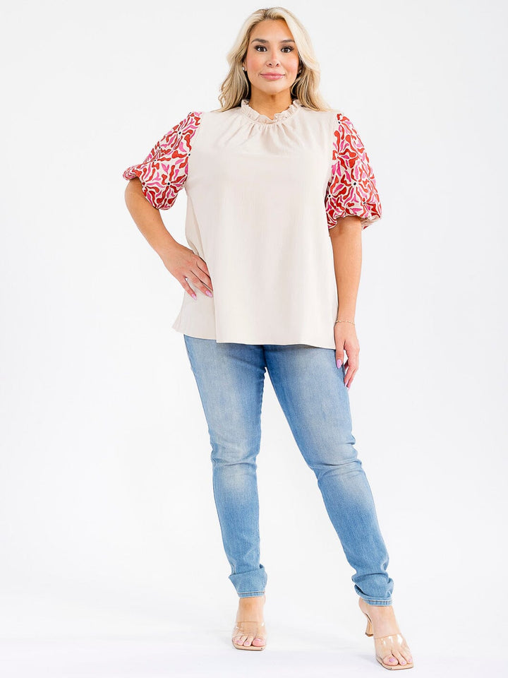 PLUS SIZE SHORT EMBROIDERY SLEEVE MOCK NECK BLOUSE