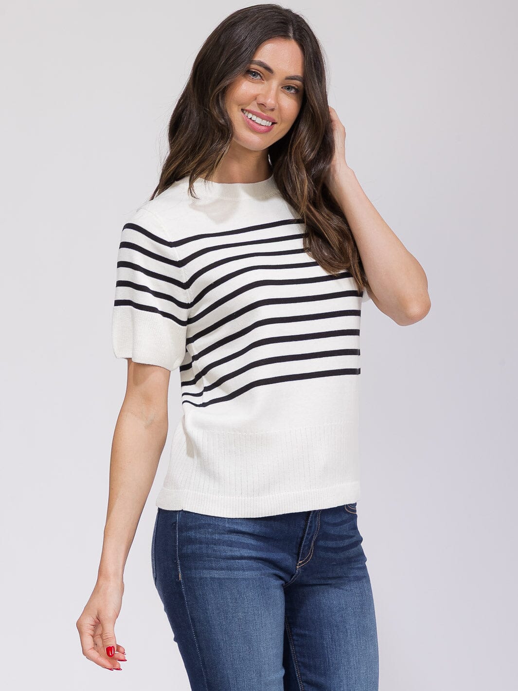WOMEN'S SHORT SLEEVE COLORBLOCK STRIPES BLOUSE