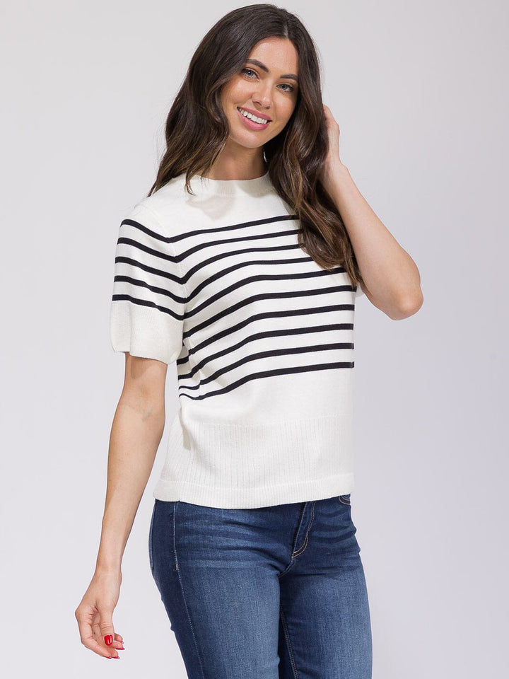 WOMEN'S SHORT SLEEVE COLORBLOCK STRIPES BLOUSE
