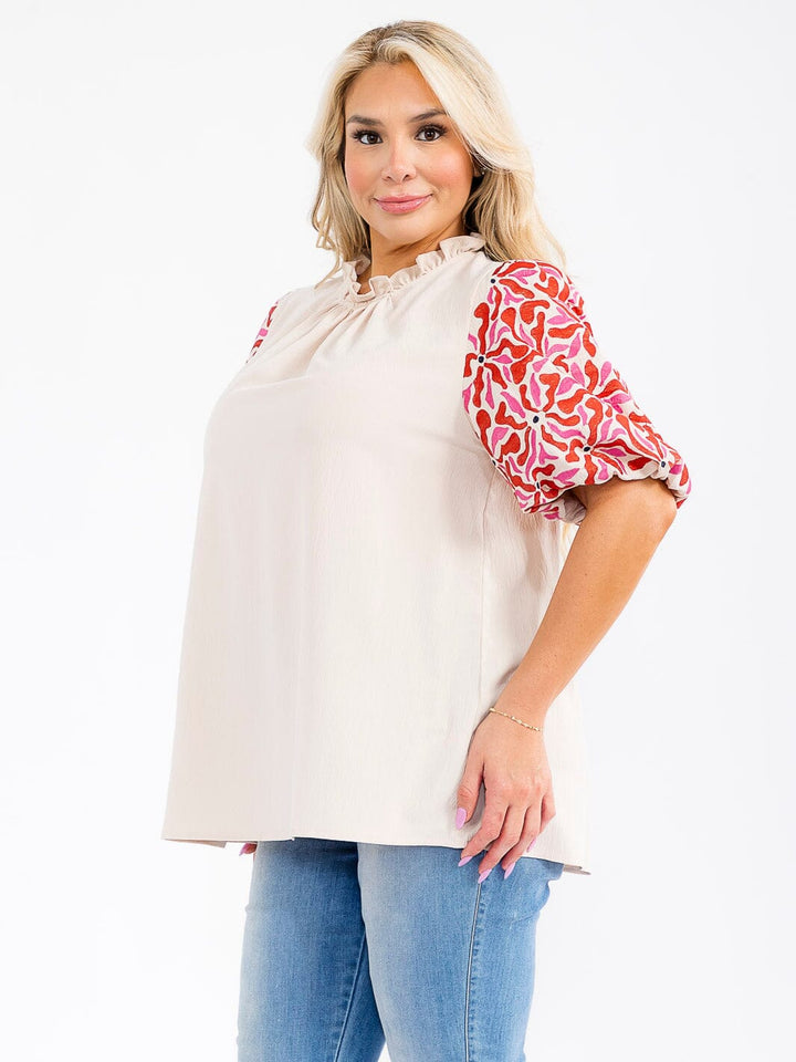 PLUS SIZE SHORT EMBROIDERY SLEEVE MOCK NECK BLOUSE