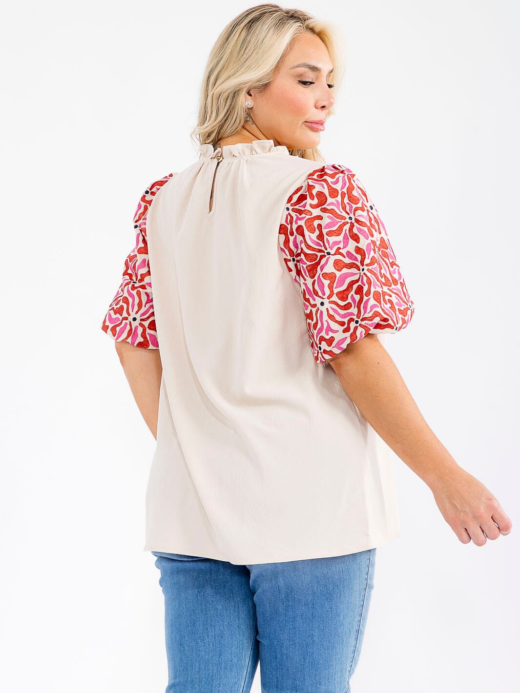PLUS SIZE SHORT EMBROIDERY SLEEVE MOCK NECK BLOUSE