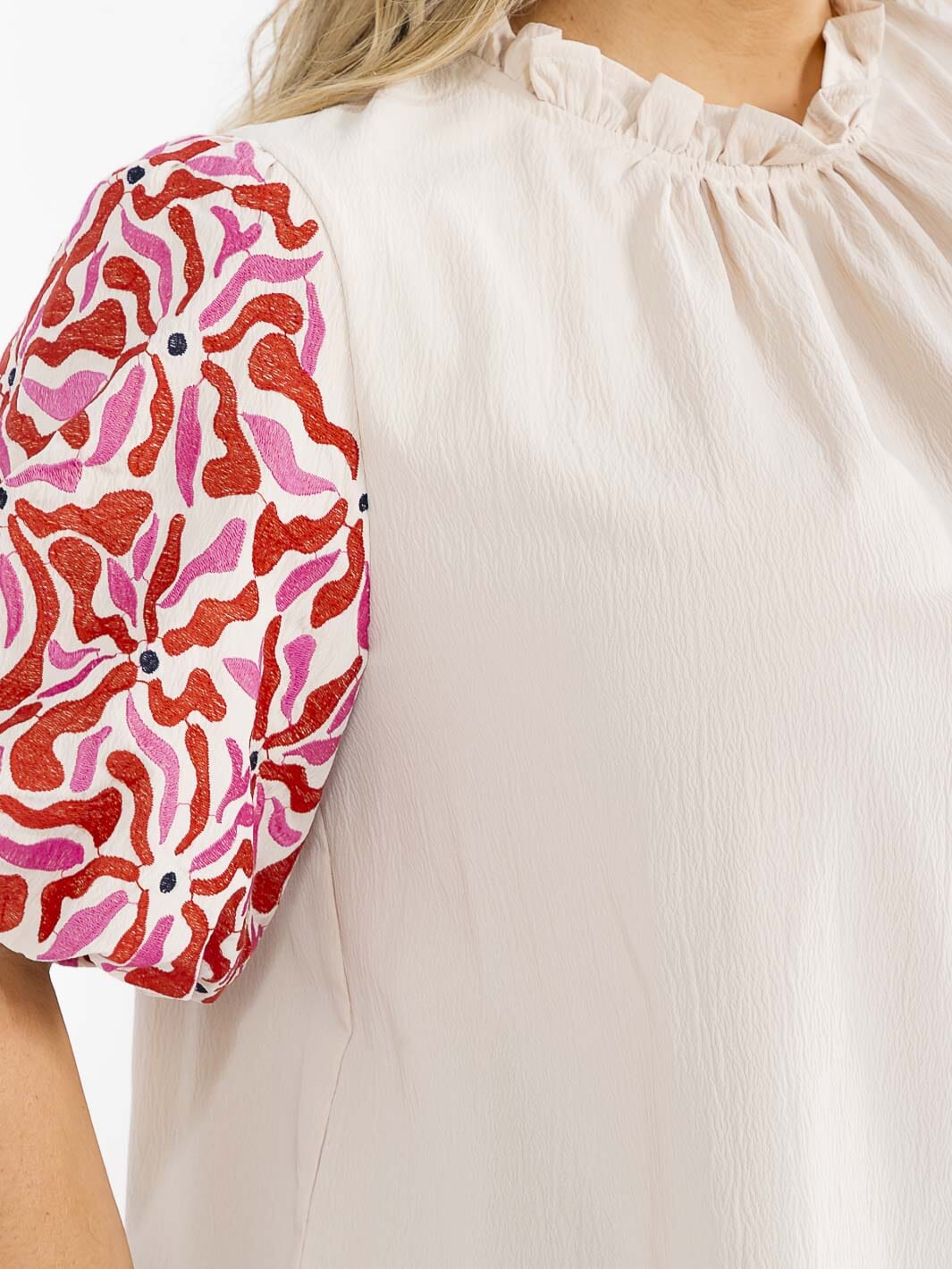 PLUS SIZE SHORT EMBROIDERY SLEEVE MOCK NECK BLOUSE