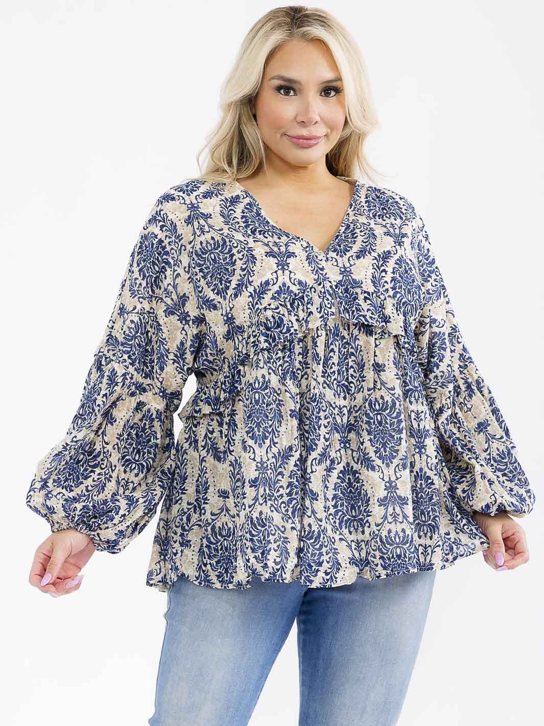 PLUS SIZE LONG SLEEVE V-NECK MULTI PRINT BLOUSE