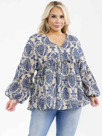 PLUS SIZE LONG SLEEVE V-NECK MULTI PRINT BLOUSE