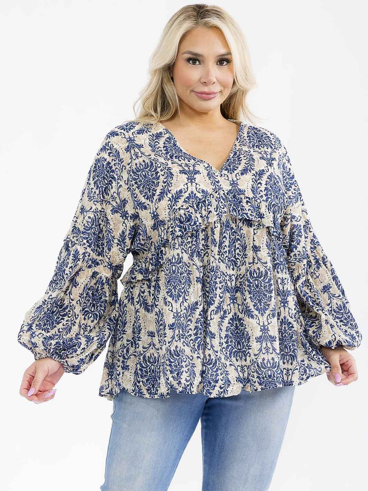 PLUS SIZE LONG SLEEVE V-NECK MULTI PRINT BLOUSE