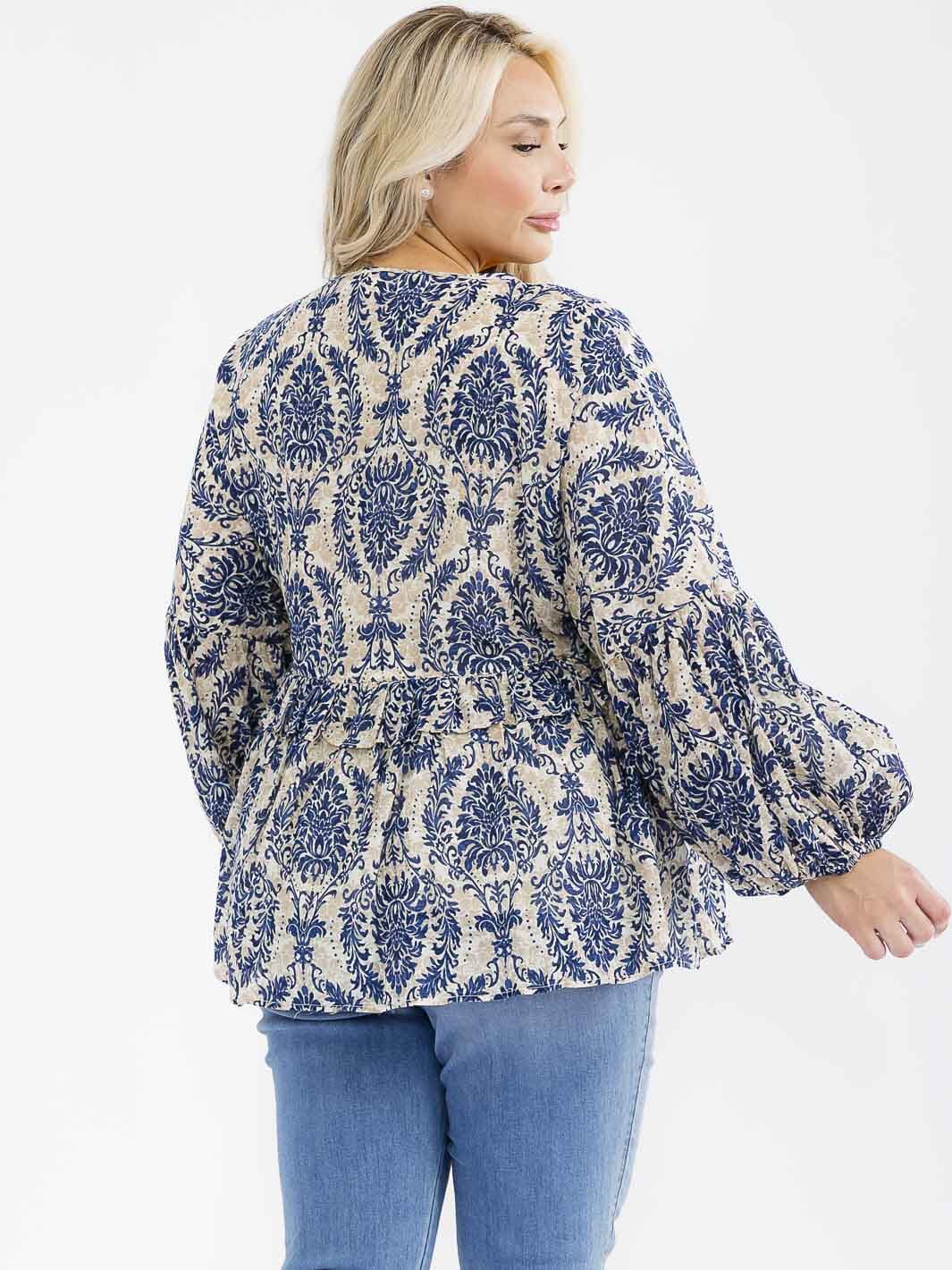 PLUS SIZE LONG SLEEVE V-NECK MULTI PRINT BLOUSE