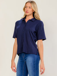 *******WOMEN'S SHORT SLEEVE BUTTON UP RIBBED BLOUSE