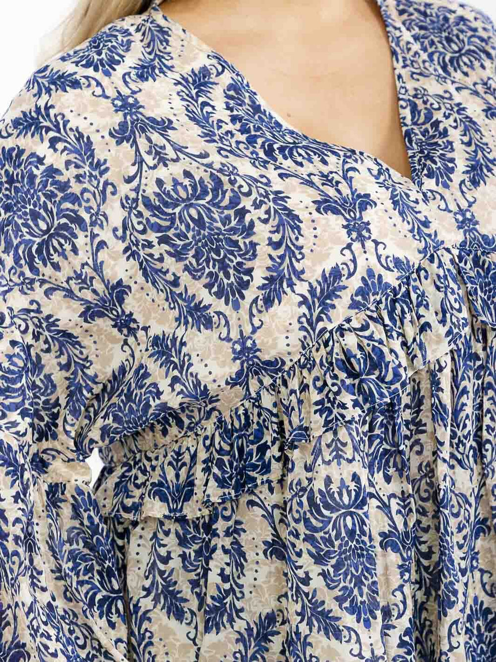 PLUS SIZE LONG SLEEVE V-NECK MULTI PRINT BLOUSE