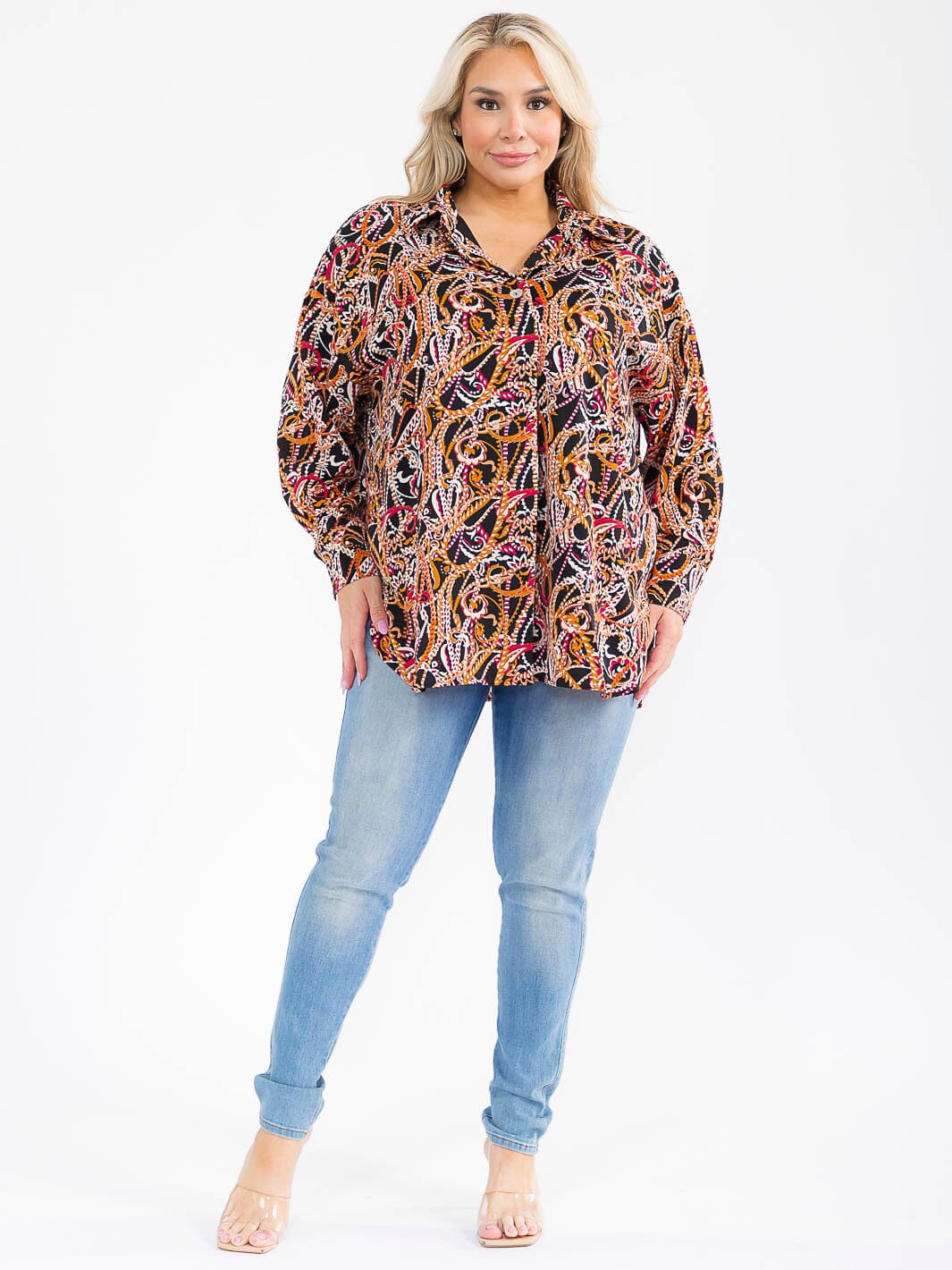 PLUS SIZE LONG SLEEVE BUTTON UP V-NECK MULTI PRINT BLOUSE