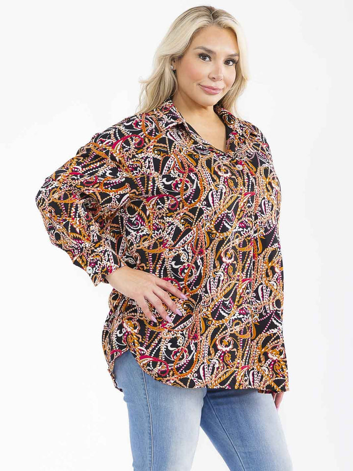 PLUS SIZE LONG SLEEVE BUTTON UP V-NECK MULTI PRINT BLOUSE