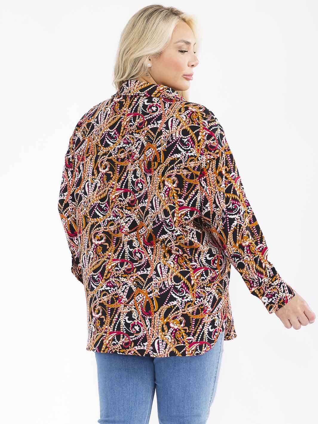 PLUS SIZE LONG SLEEVE BUTTON UP V-NECK MULTI PRINT BLOUSE