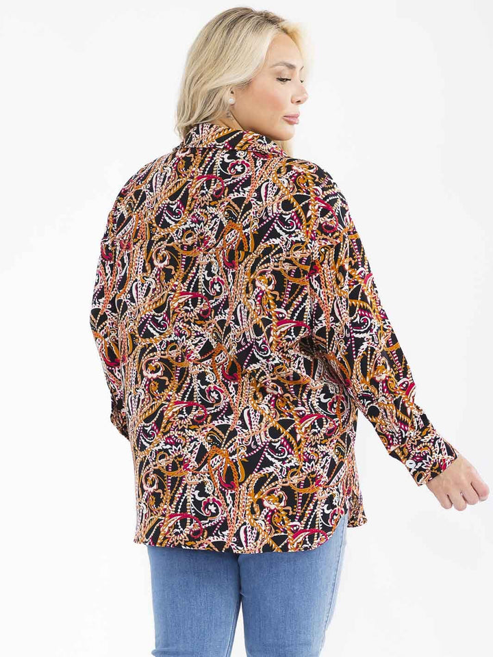 PLUS SIZE LONG SLEEVE BUTTON UP V-NECK MULTI PRINT BLOUSE
