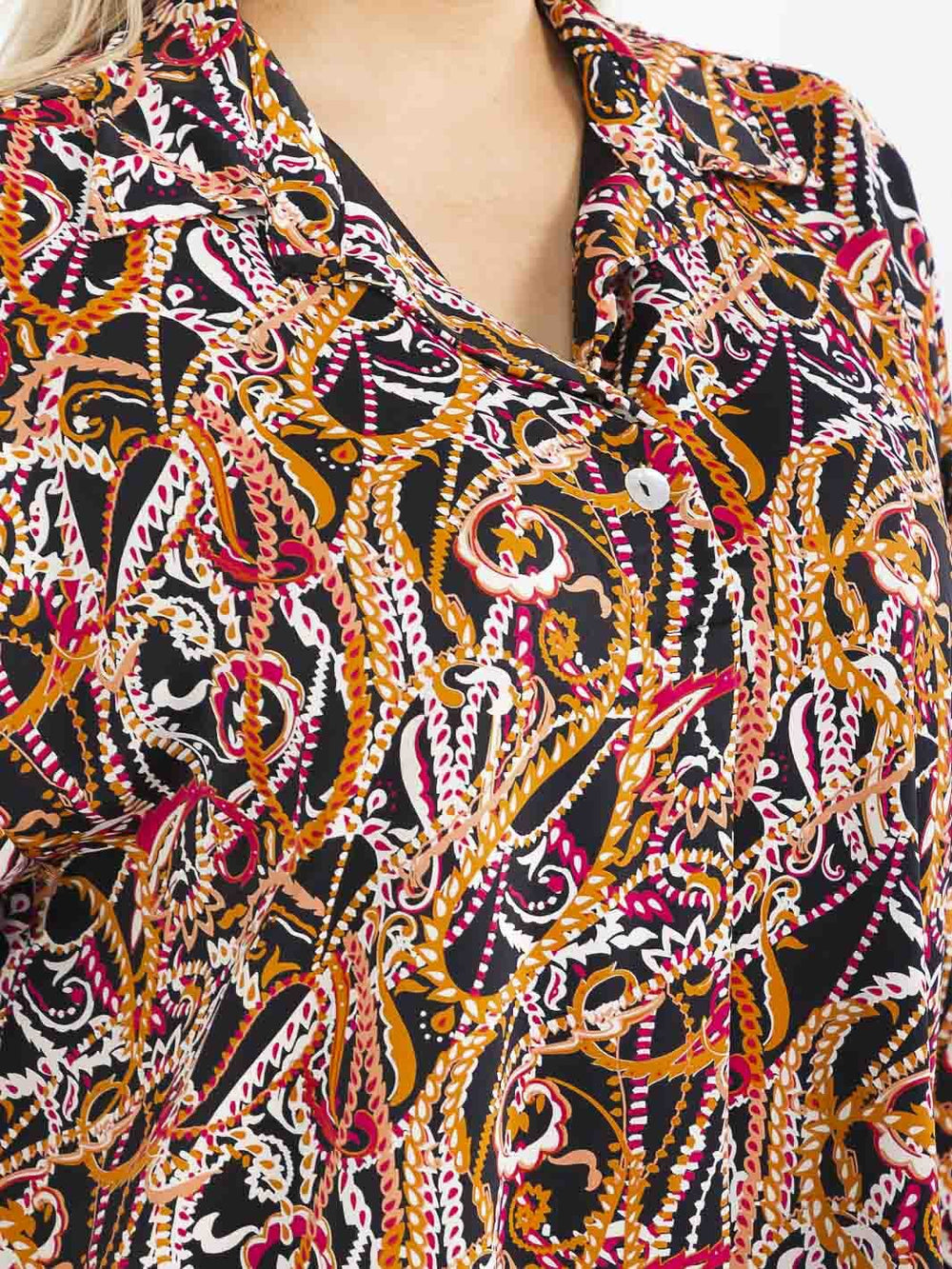 PLUS SIZE LONG SLEEVE BUTTON UP V-NECK MULTI PRINT BLOUSE