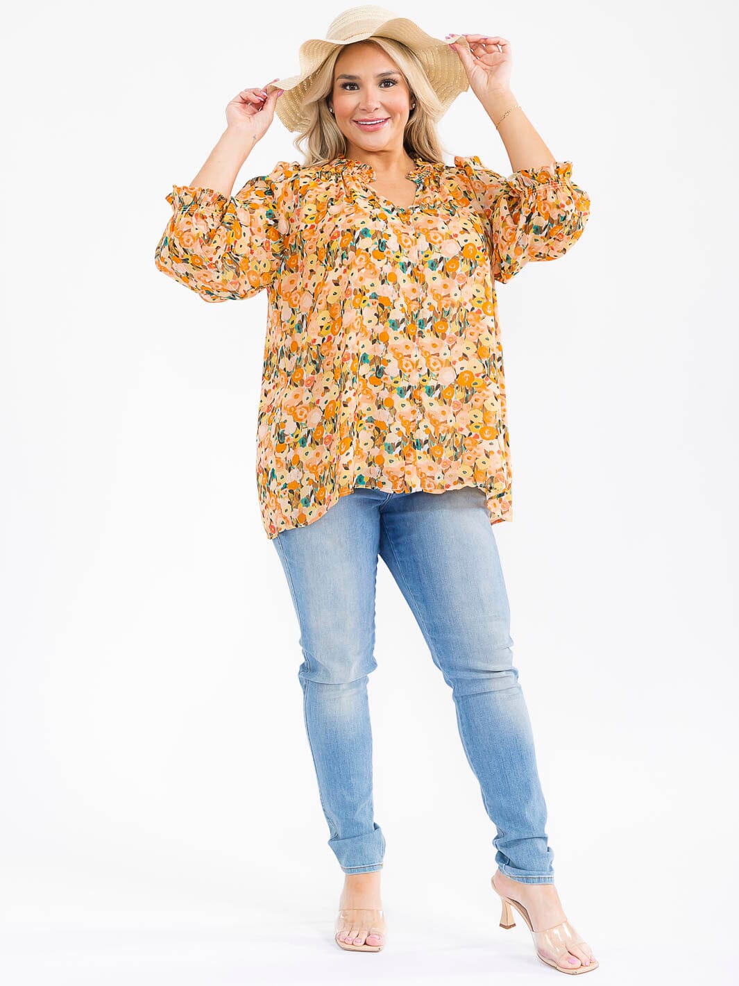 PLUS SIZE LONG SLEEVE V-NECK FLORAL PRINT BLOUSE
