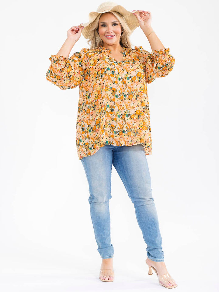 PLUS SIZE LONG SLEEVE V-NECK FLORAL PRINT BLOUSE