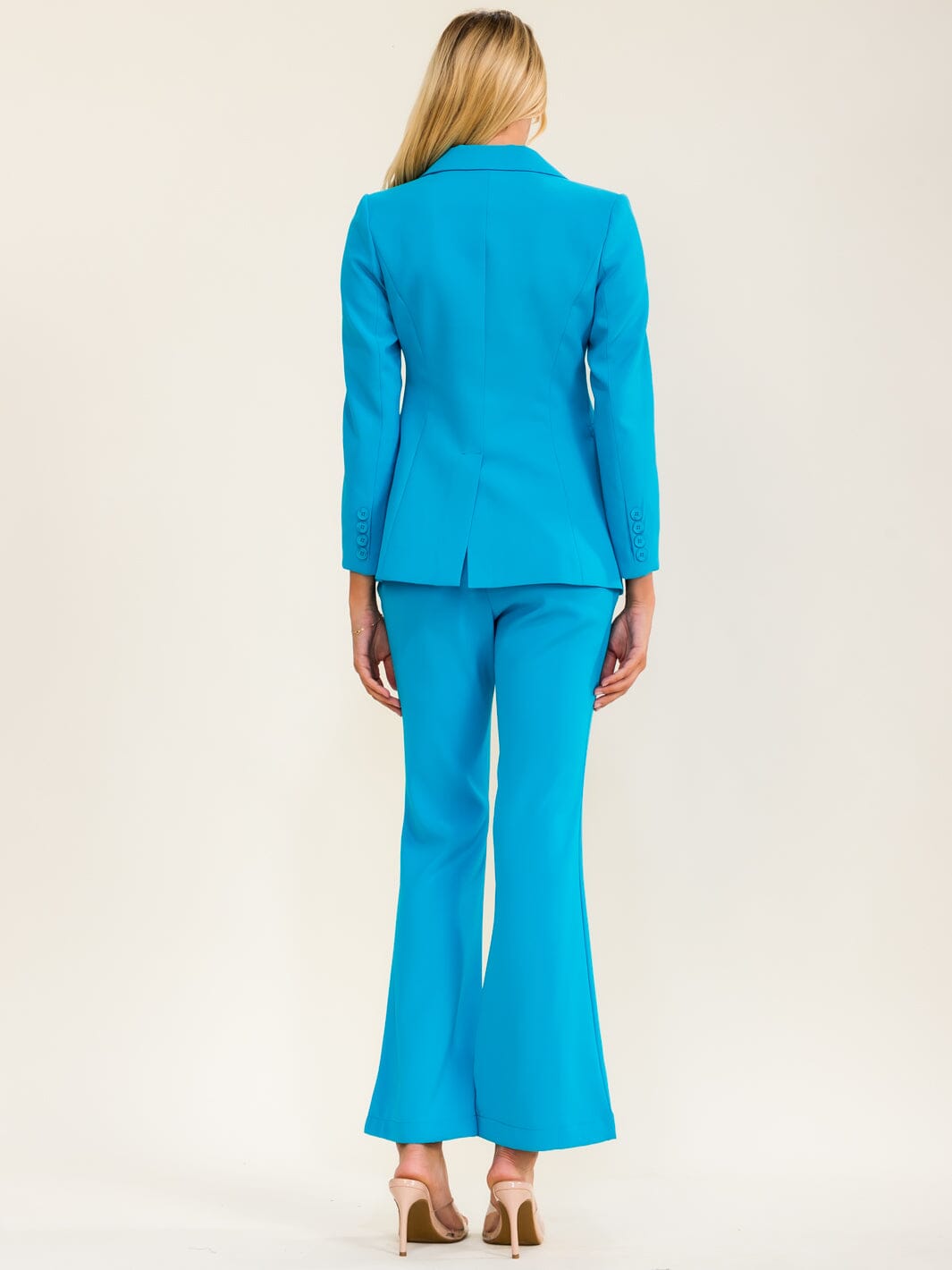 BEULAH WOMEN'S SLEEVELESS BLAZER & BUTTON CLOSURE BELL LEG PANTS SOLID 2PC. SET